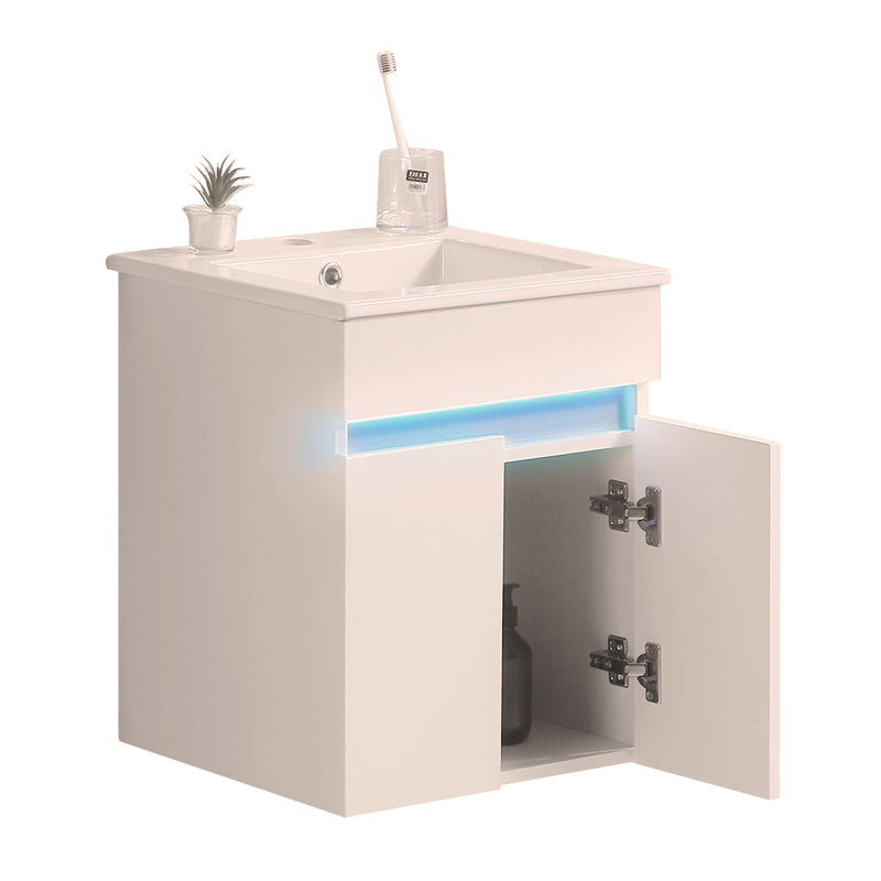 Meuble-lavabo mural de 16 po avec lavabo, lumière à détection de radars, rangement pour petits espaces, meuble-lavabo mural blanc