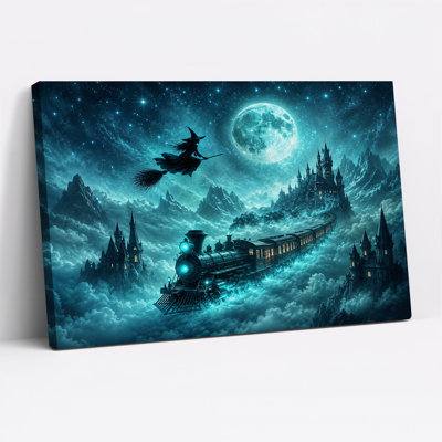 Art mural sur toile, sorcière volante et train à vapeur près de châteaux au clair de lune