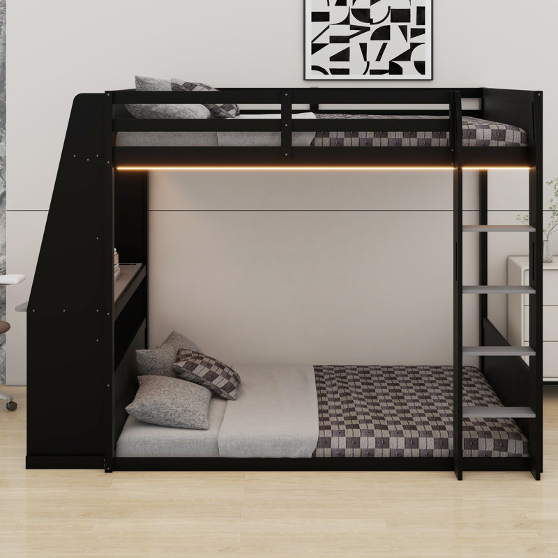 Lit superposé en bois pour adolescent avec bureau, tablettes, lumières USB et DEL, Black+grey