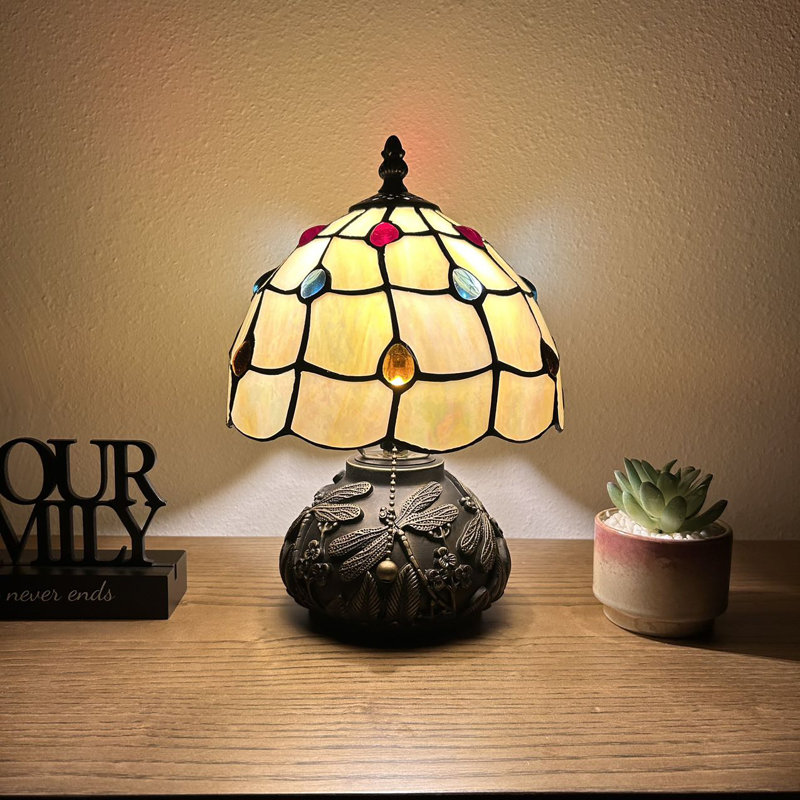 Standwood Tiffany Mini Table Lamp Gold Stained Glass Crystal Beans LED Bulb Dragonfly Base 12"H*8"W*8"D
