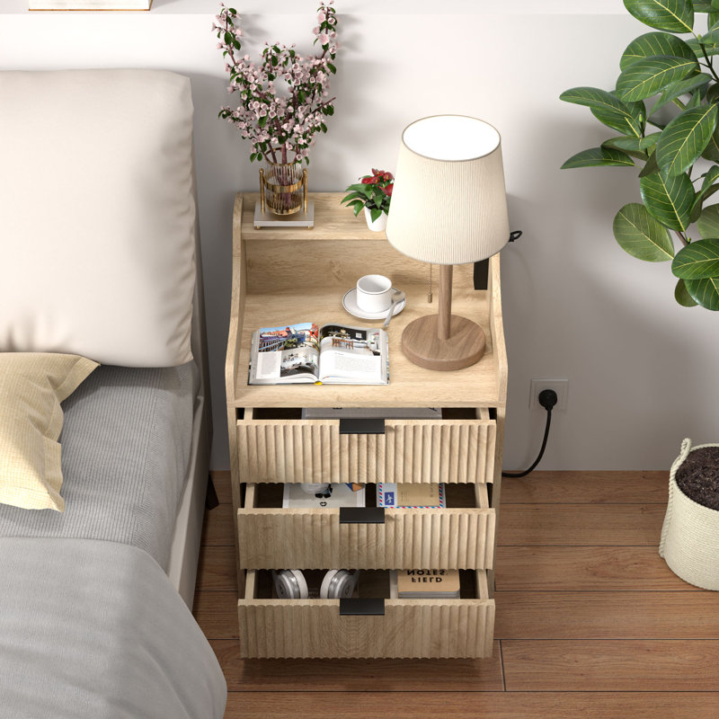 Light Brown 3-Drawer Nightstand with Charging Station