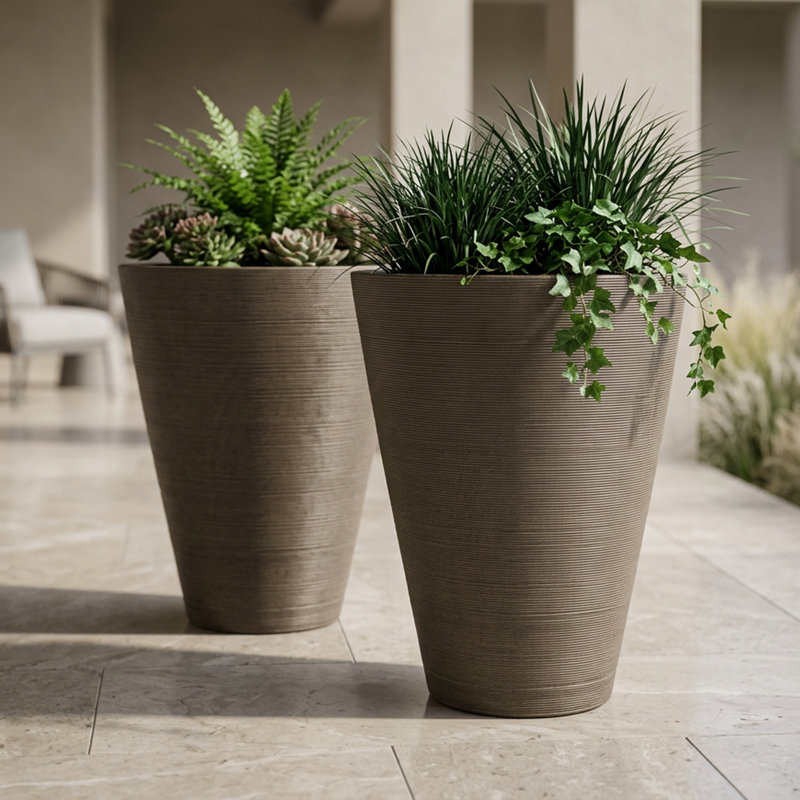 Taio 14" Ribbed Round Composite Planter Set, Chocolate, 14" H x 11.4" W x 11.4" D
