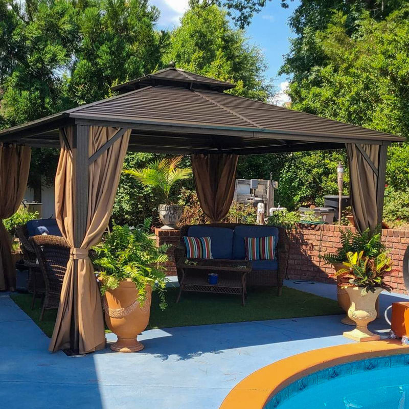 12 Ft. W X 12 Ft. D Hardtop Gazebo With Galvanized Steel Double Roof, Netting And Curtains Included
