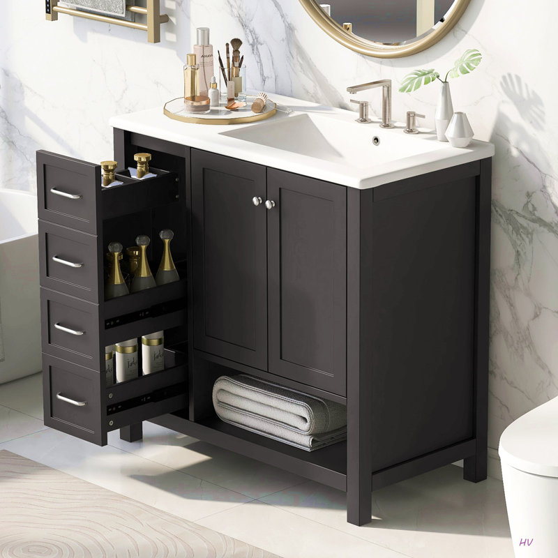 Meuble-lavabo 36 po avec comptoir d'évier, meuble-lavabo avec deux portes et deux tiroirs, bois massif, tablette ouverte, panneaux de fibres à densité moyenne, un paquet