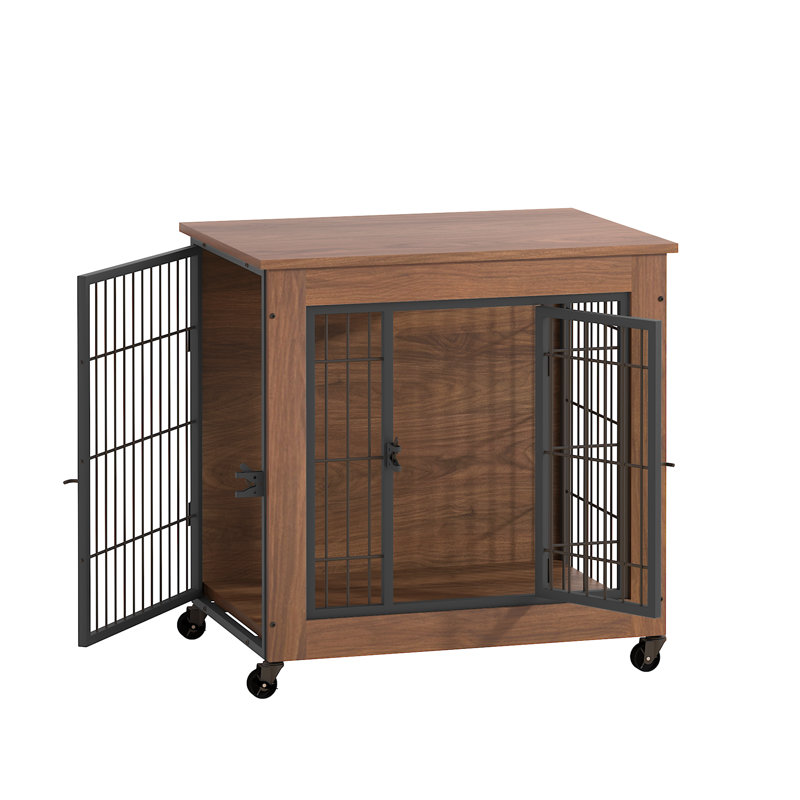 Meuble pour cage 27,2 po avec roulettes pour petits chiens, chenil robuste pour l'intérieur avec 2 portes, table de bout en bois pour cage pour animaux de compagnie, cage robuste en métal pour chien Anxiété