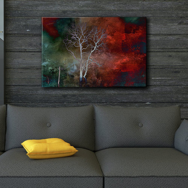 Arbre solitaire sur une peinture à l'aquarelle rouge et bleu sarcelle, H 24 po x l 36 po x P 1,5 po