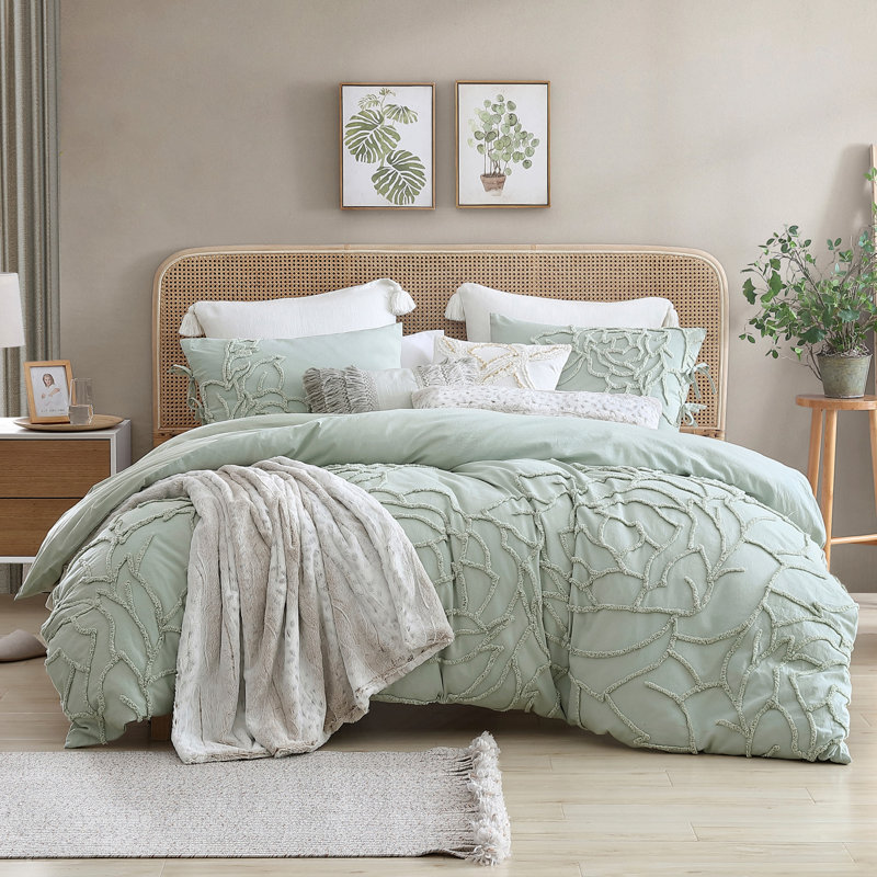 Peri Home Chenille Rose 3 Piece Duvet Cover Set, King Duvet Cover + 2 King Shams, Green