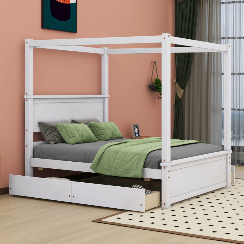 Zaelin Full Size Wood Canopy Bed with four Drawers, White