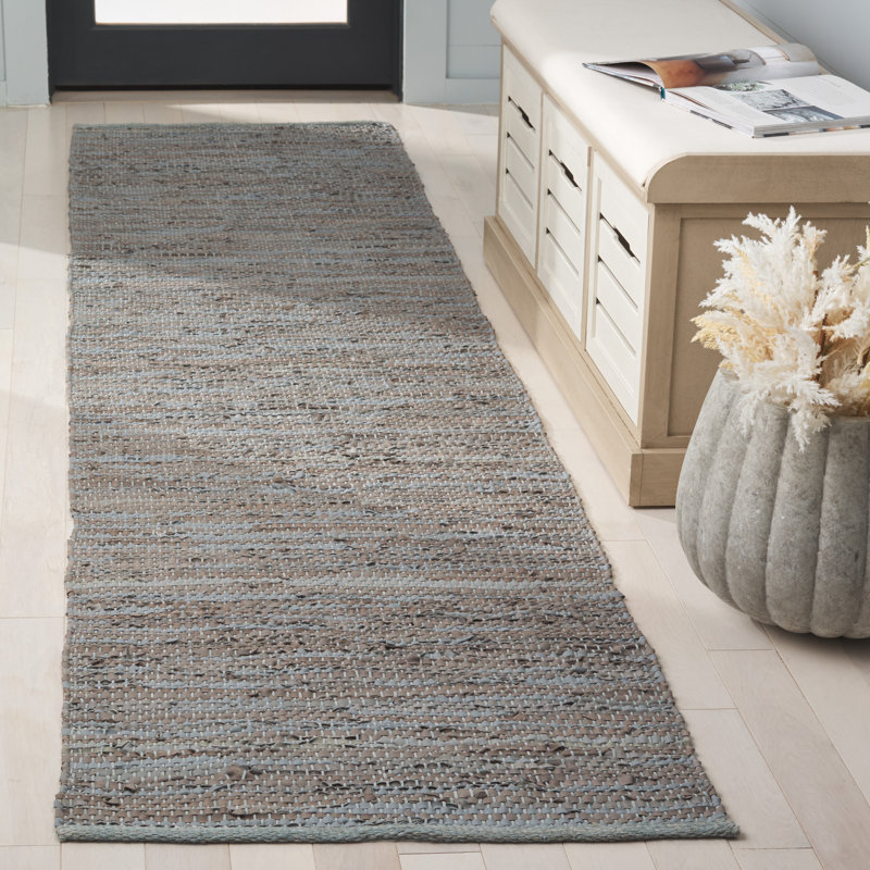 Exley Vintage Leather Hand Woven Leather/Cotton Striped Rug in Gray, Runner 2'3" x 9'