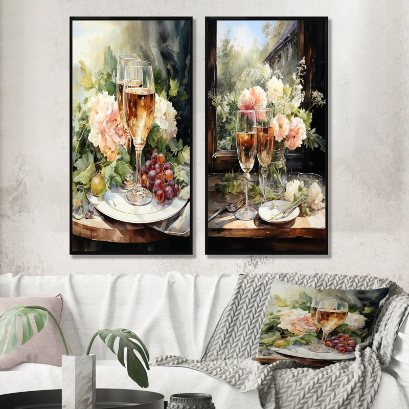Bubbles Harmony - vin et champagne, ensemble de 2 reproductions d'art sur toile, Cadre noir, H 28 po x l 25 po