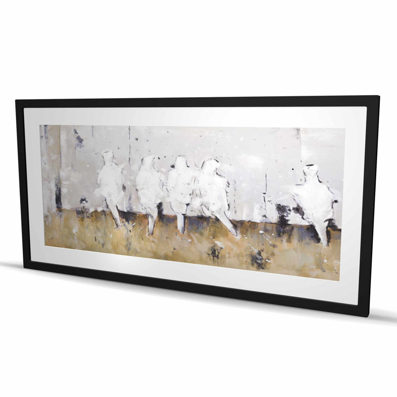 Huit oiseaux perchés - reproduction industrielle matte encadrée beige