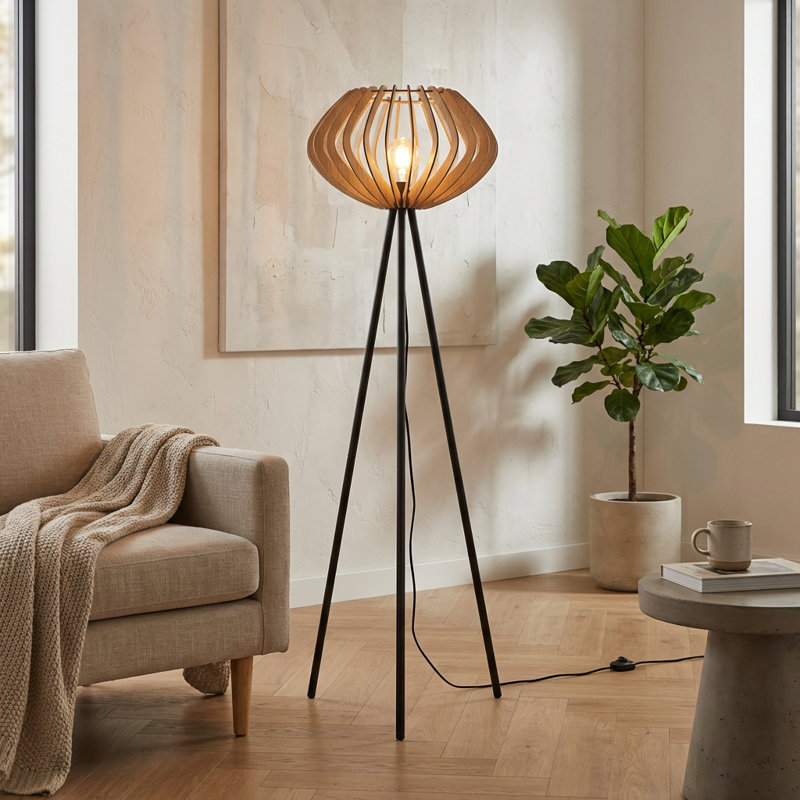 Nordic Tripod Floor Lamp With Wooden Slatted Shade – Rustic Standing Light With Black Metal Legs