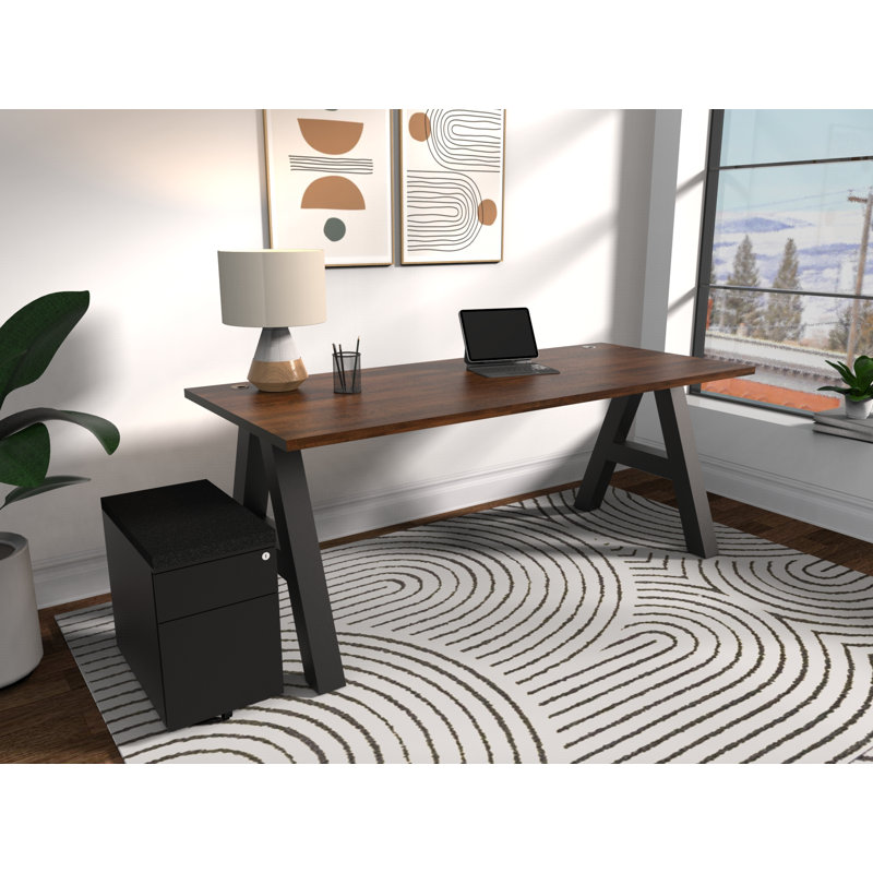 Serenity Modern A-Frame Executive Writing Office Desk, with Cushion Top Mobile Storage, 66x30, Walnut Block Top, Walnut Block