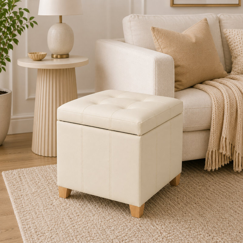 Repose-pieds carré avec rangement capitonné 17,5 po, Similicuir blanc cassé, Natural Wood