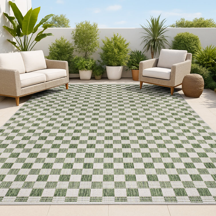 Aimee Traditional Cottage Checkerboard Green/Cream Indoor/Outdoor Rug