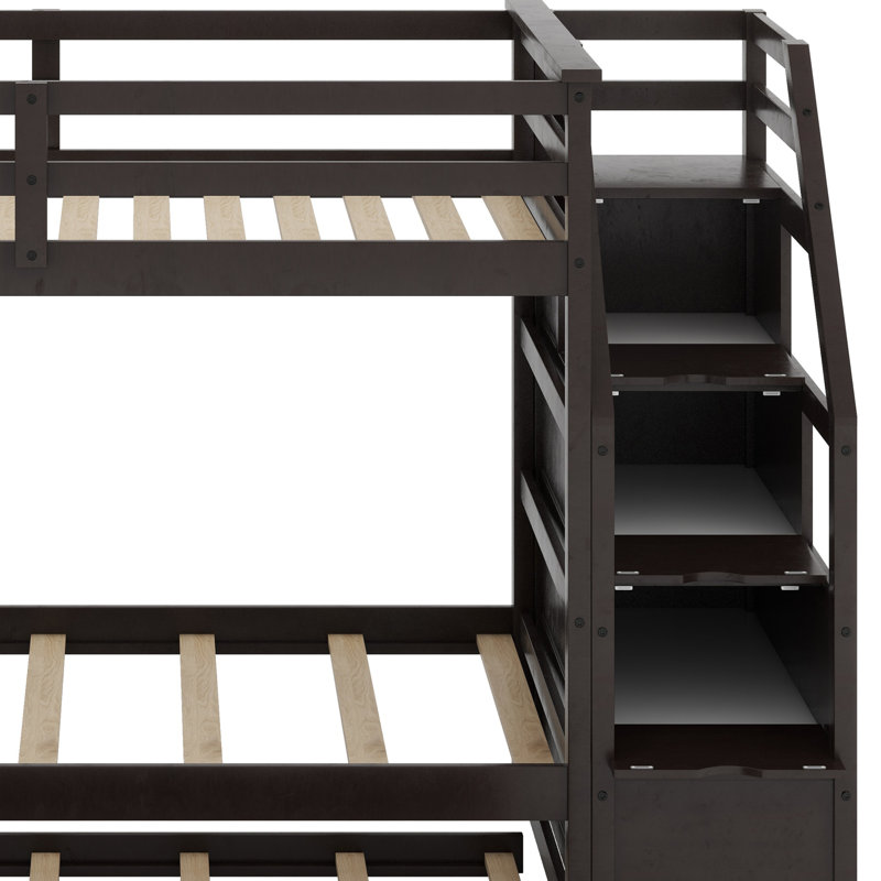 Lit superposé avec lit gigogne et escalier de rangement, Espresso