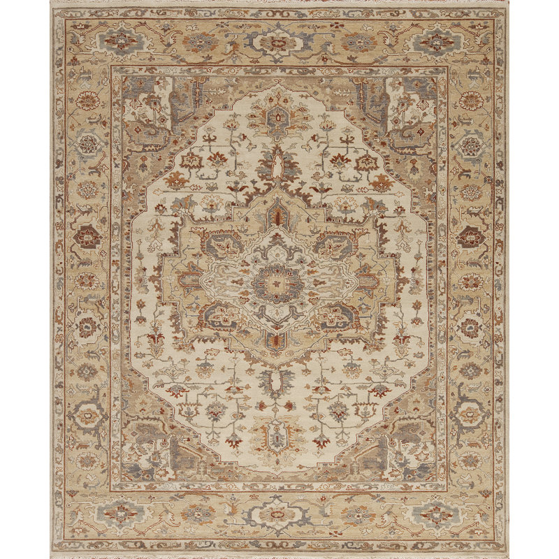 International Hand Knotted Wool Area Rug in Ivory/Gold