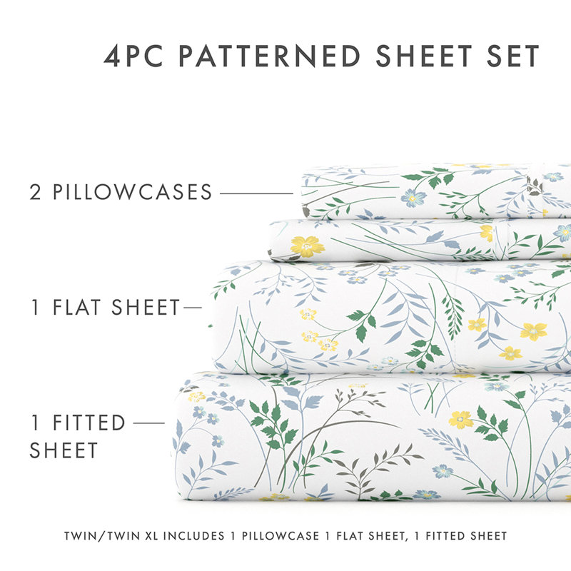 Sheet Set Solid Microfiber Ultra Soft Bedding, Twin Sheet Set with 1 Pillowcase, Light Blue Floral 1