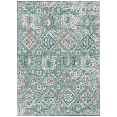 8' X 10' Pale Aqua And Copper Floral Medallion Washable Indoor Outdoor Area Rug