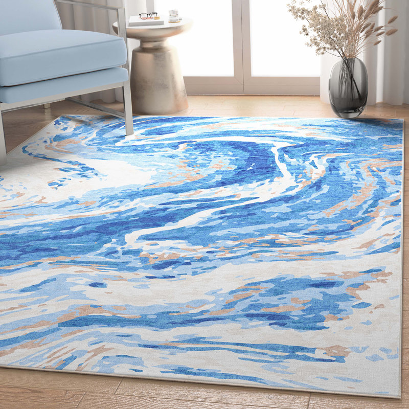 Nuzzo Dunes Retro Marble Flat-Weave Blue Area Rug, Rectangle 9'10" x 13'