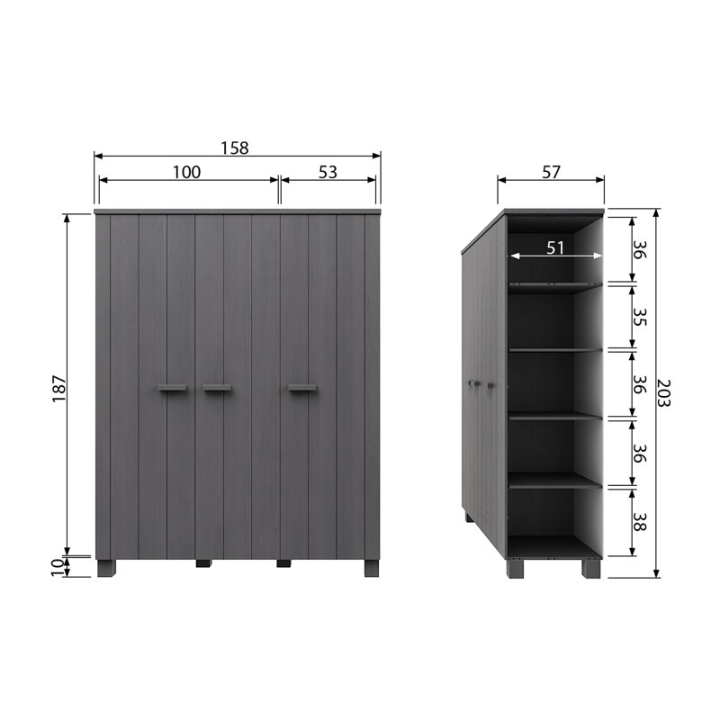 Dennis 3 Door Wardrobe, Dark grey