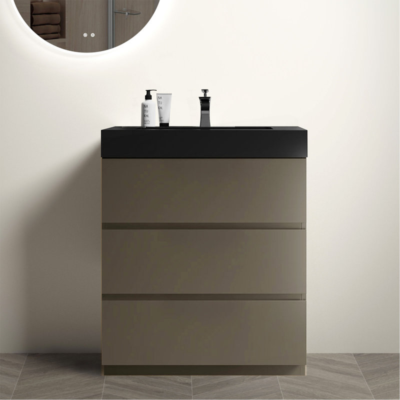 Meuble-lavabo autoportant de 30 po avec lavabo, grand meuble-lavabo autoportant pour salle de bain moderne, lavabo une pièce noir sans drain ni robinet, pré-assemblé