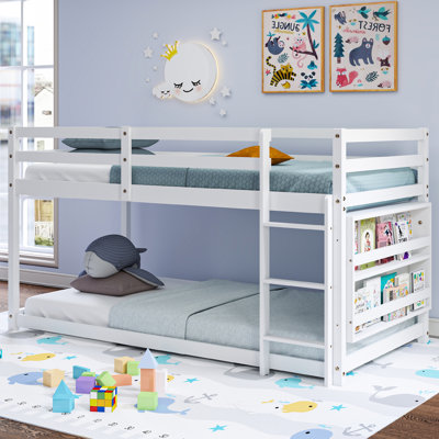 Low Bunk Bed Twin Over Twin, Floor Bunk Bed With Bookshelf&ladder