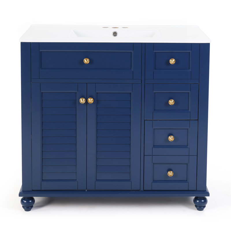36" Blue Bathroom Vanity With Ceramic Sink - Soft-Close Drawers, Solid Wood Frame, Multi-Organizer Storage , 92X47x86cm, Blue