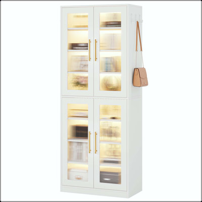 67'' Tall White Bookcase with LED Lighting and 8 Adjustable Shelves