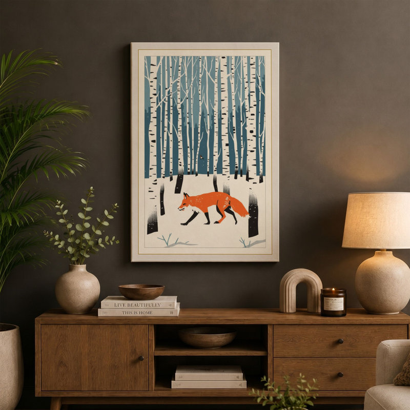 Fox in Winter Woods Scandinavian - Wrapped Canvas, 18x12 - 45.7 x 30.5 cm, Black Border
