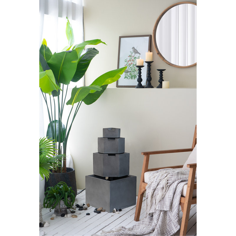 19.7X19.7X41.7" Gray Cement 4 Tier Block Water Fountain Outdoor
