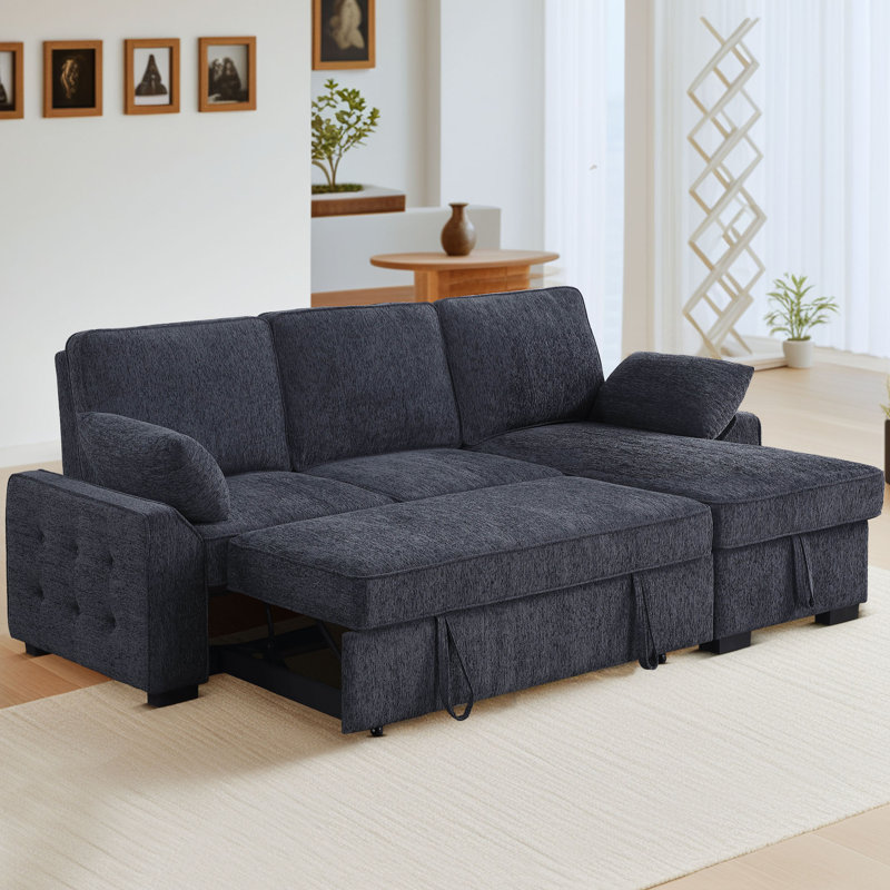 91" Convertible Sleeper Sectional Sofa with Pull-Out Bed, Storage Armrest, and Storage Chaise, Dark Gray Polyester Blend