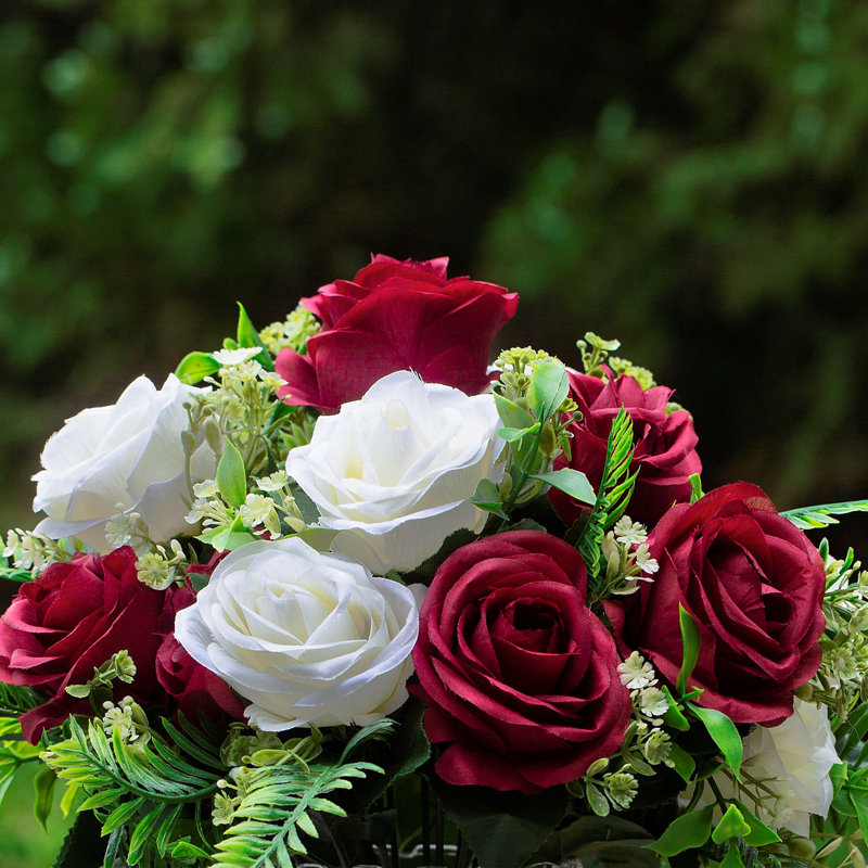 Silk Rose Arrangement in Vase, Cream/Burgundy