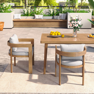 Set Of 2 Outdoor Patio Dining Chair, Aluminum Teak Finished Frame With Light Grey Cushion, Indoor And Outdoor