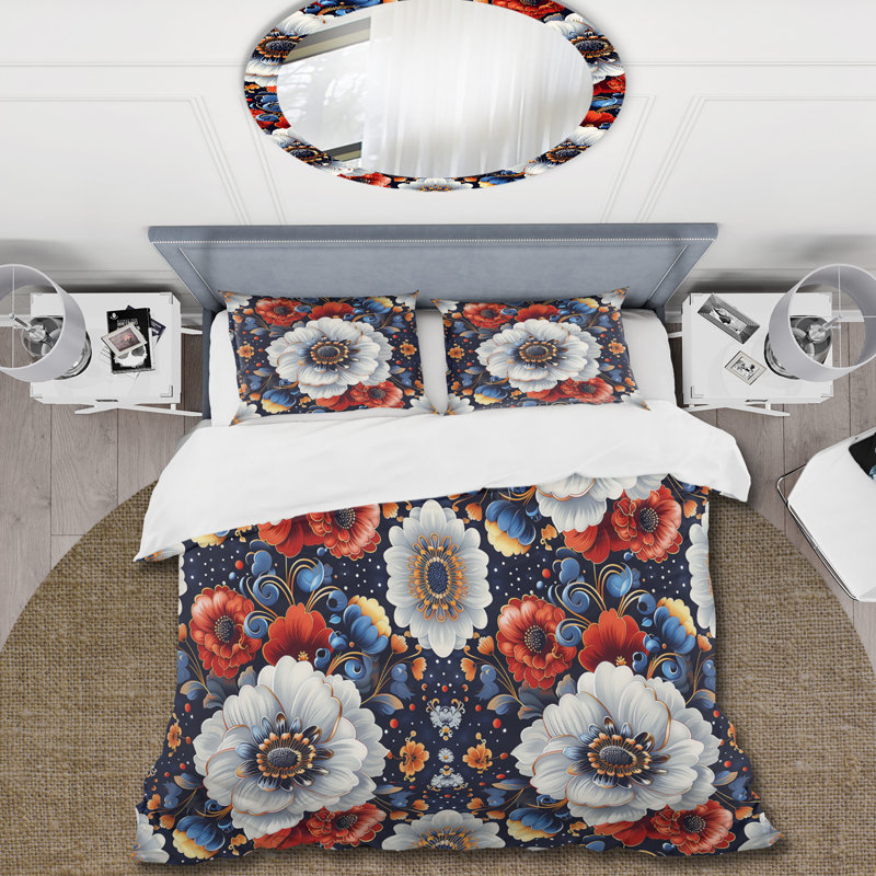 Ensemble de housse de couette à motif floral cachemire bleu et rouge, Housse de couette très grand + 2 taies décorativ