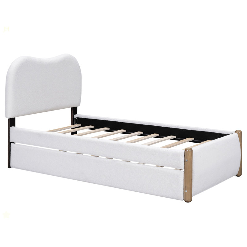 Lit plateforme tapissier avec pieds de support en bois et lit gigogne simple, Lit simple, Blanc
