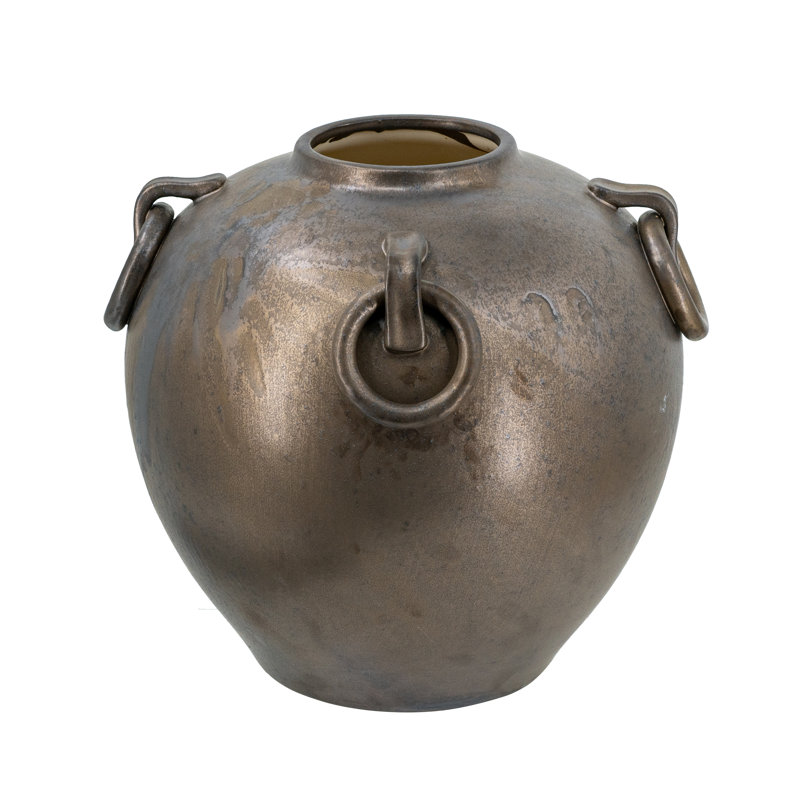 11.5X11.5X12" Round Ceramic Vase With Bronze Reactive Glaze Finish And Sculptural Ring Handles
