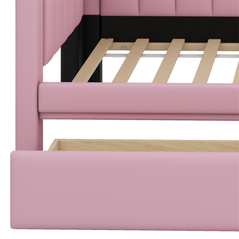 Lit plateforme tapissier avec ports USB et ceinture à DEL, avec 2 tiroirs, Rose