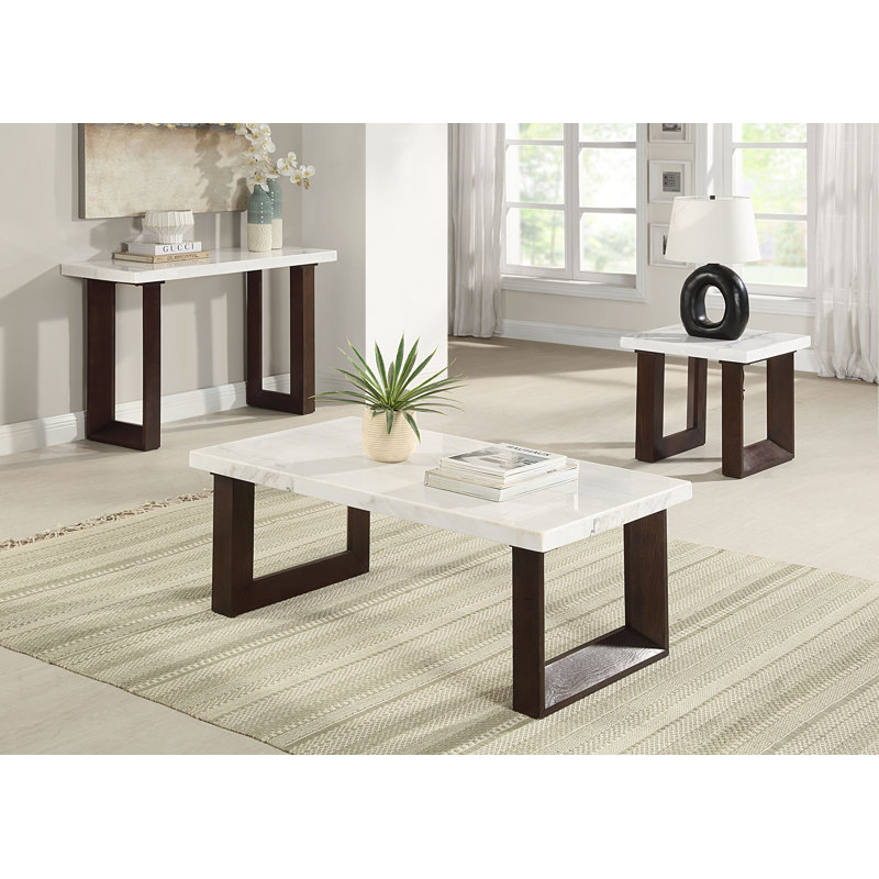 Edwyn 48'' White Marble Top and Brown Wood Coffee Table