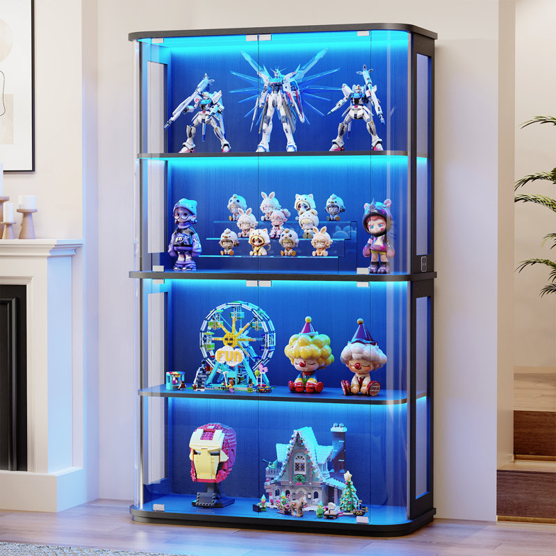 Display Cabinet With Glass Door, 4-tier Curio Cabinet With 3 Color Lights For Collectibles, Glass Display Case With Transparent Full-display Surface, Human Body Sensor, Black