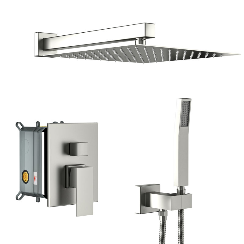 Pomme de douche murale carrée double 12 pouces en nickel brossé - Valve équilibrée Scald, pluie et à main, facile à entretenir avec une buse nettoyable à 360 °