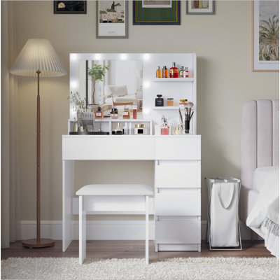 Bureau de meuble-lavabo avec lumières, ensemble de meuble-lavabo avec miroir, bureau de maquillage avec grands tiroirs et rangement à trois niveaux Dreeser