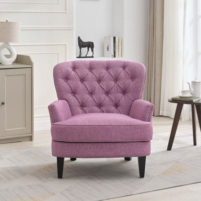  Chaise longue capitonnée avec garniture cloutée, fauteuil rembourré avec pieds en bois massif pour le salon ou la chambre à coucher, rose