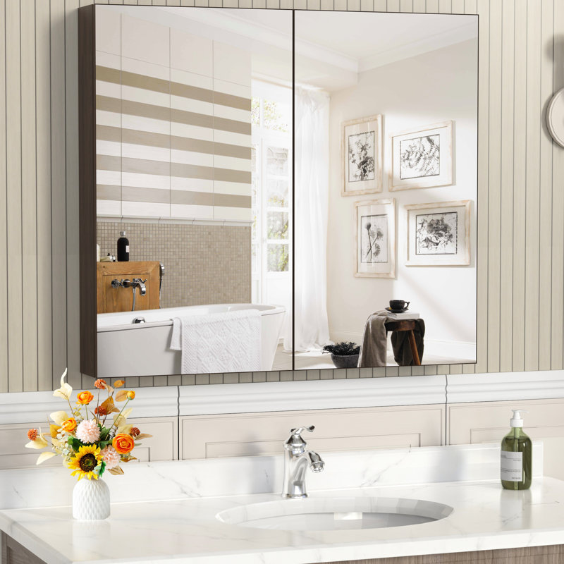 Miroir à pharmacie mural 32 * 28 pour salle de bain avec tablette réglable en hauteur et fonctionnement silencieux, structure en aluminium, jaune + corail, corrosion, miroir d'armoire formaldéhyde, matériau, multiples