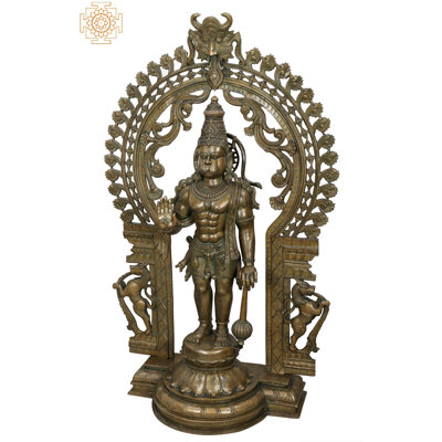 Grande statue de 45 po Hanuman Ji Idol à Ashirwad Mudra avec Kirtimukha Prabhavali - statue en bronze de Panchaloha faite à la main, Madhuchista Vidhana, cire perdue de Swamimalai