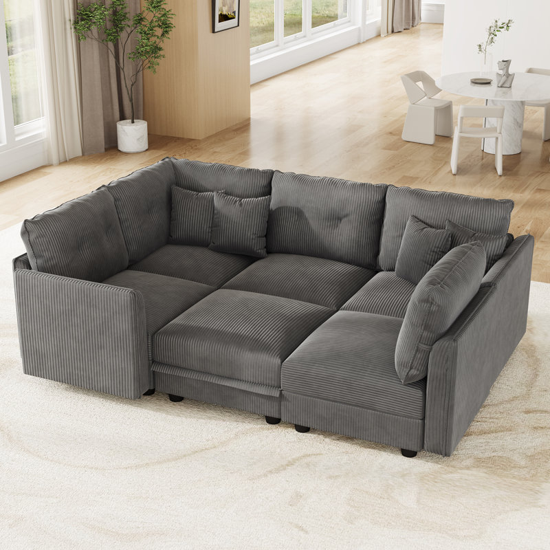 Canapé modulaire convertible 6 places en velours côtelé avec rangement, 4 coussins de dossier et 6 coussins décoratifs