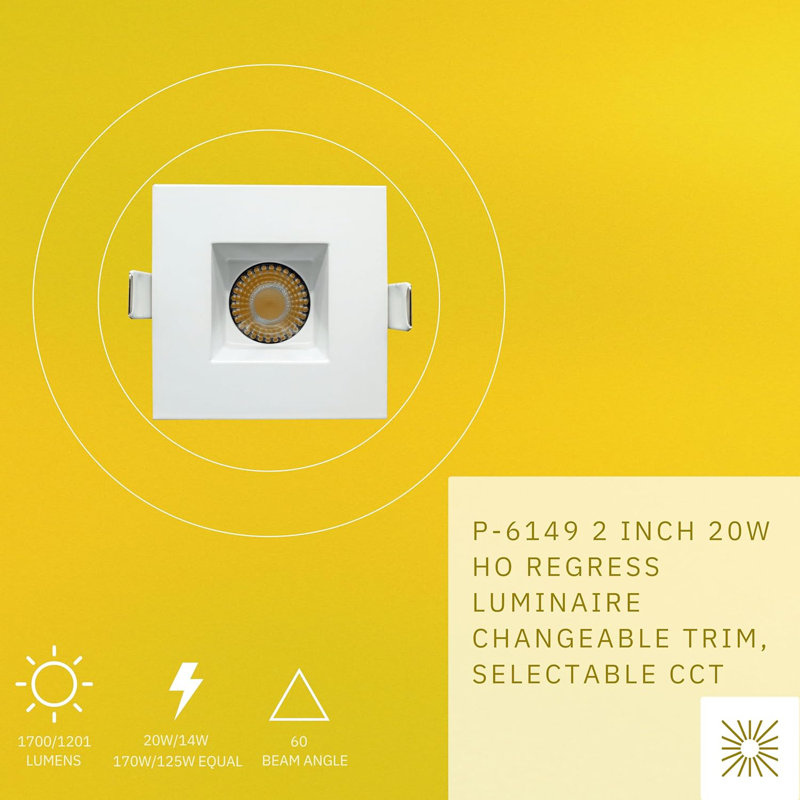 Éclairage encastré carré de 2 po 20 W à 1700/1200 lumens Perlglow, Blanc