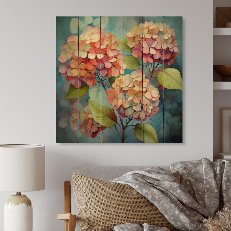 «Janelisse Coral Hydrangea Whimsical Whispers» sur impression sur bois, H 30 po x l 30 po x P 0,78 po