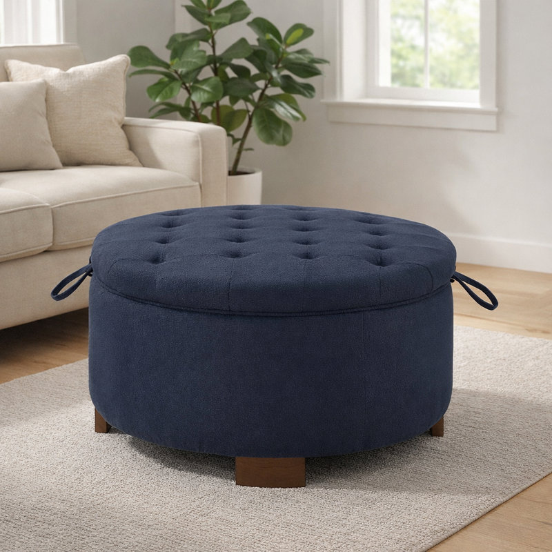 30" W Tufted Round Storage Ottoman With Reversible Lid, Navy