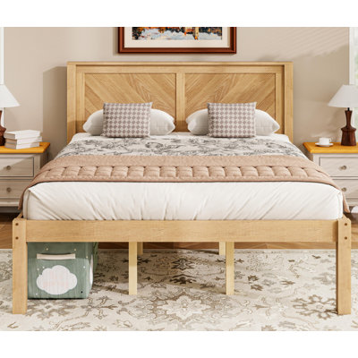 Queen Size Solid Wood Platform Bed Frame with Herringbone Wood Headboard, Farmhouse Chevron Panel Bed